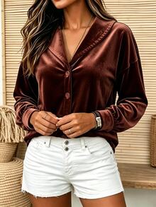 Holdful Holdful Women's Autumn Vintage Navy Collar Velvet Loose Drop Shoulder Single-Breasted Long Sleeve Jacket - Brown - View 5