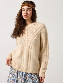 Elafinee Mohair Hollow Out Twist Knit Sweater, Loose V-Neck, Luxury Style, Spring & Autumn - Apricot - View 1