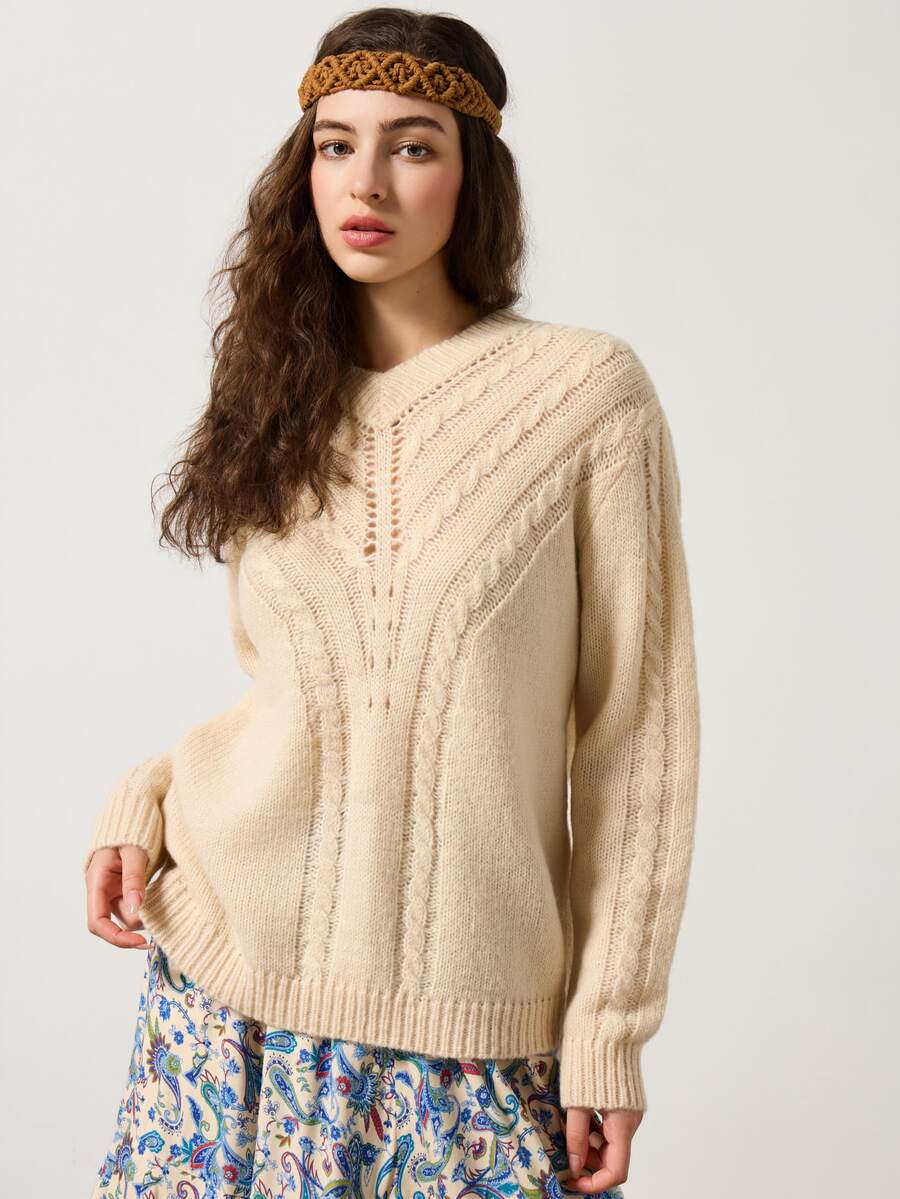Elafinee Mohair Hollow Out Twist Knit Sweater, Loose V-Neck, Luxury Style, Spring & Autumn - Apricot - View 1