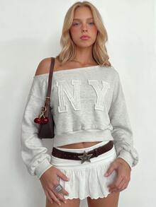 Sundraya 女款 Y2K 一字肩短版字母貼布 NY 字母長袖寬鬆套頭衛衣復古休閒上衣 - 灰色 - 查看 1