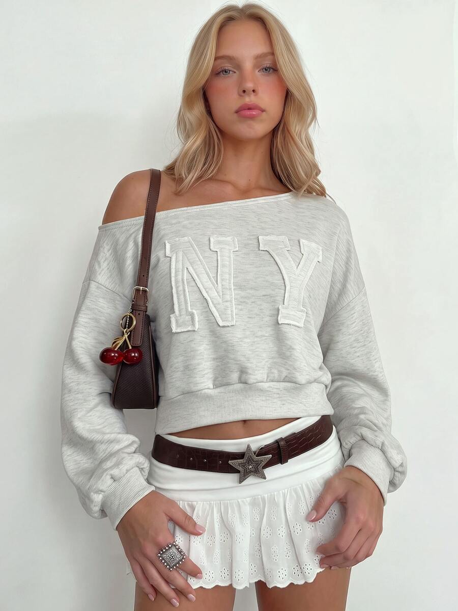 Sundraya 女款 Y2K 一字肩短版字母貼布 NY 字母長袖寬鬆套頭衛衣復古休閒上衣 - 灰色 - 查看 1