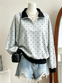 Rovax Sweatshirt Lengan Panjang Kerah Polo Longgar Minimalis Modis Motif Polka Dot dengan Bahu Jatuh, Pakaian Musim Gugur untuk Wanita, Hadiah untuk Teman - MultiWarna - View 4