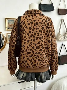 Rovax Women's Leopard Print Loose Polo Collar Drop Shoulder Long Sleeve Sweatshirt Autumn/Winter - Multicolor - View 2