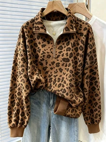 Rovax Women's Leopard Print Loose Polo Collar Drop Shoulder Long Sleeve Sweatshirt Autumn/Winter - Multicolor - View 1
