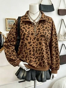 Rovax Women's Leopard Print Loose Polo Collar Drop Shoulder Long Sleeve Sweatshirt Autumn/Winter - Multicolor - View 3