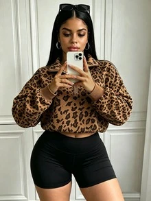 Rovax Women's Leopard Print Loose Polo Collar Drop Shoulder Long Sleeve Sweatshirt Autumn/Winter - Multicolor - View 4