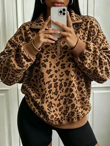Rovax Women's Leopard Print Loose Polo Collar Drop Shoulder Long Sleeve Sweatshirt Autumn/Winter - Multicolor - View 7