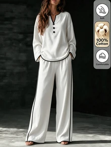 SHEIN Autumn/Winter New White And Black Linen Trim V-Neck Button Decor Loose Top Straight Leg Wide Leg Pants Set, Casual Elegant Minimalist Commuter Style - White - View 2