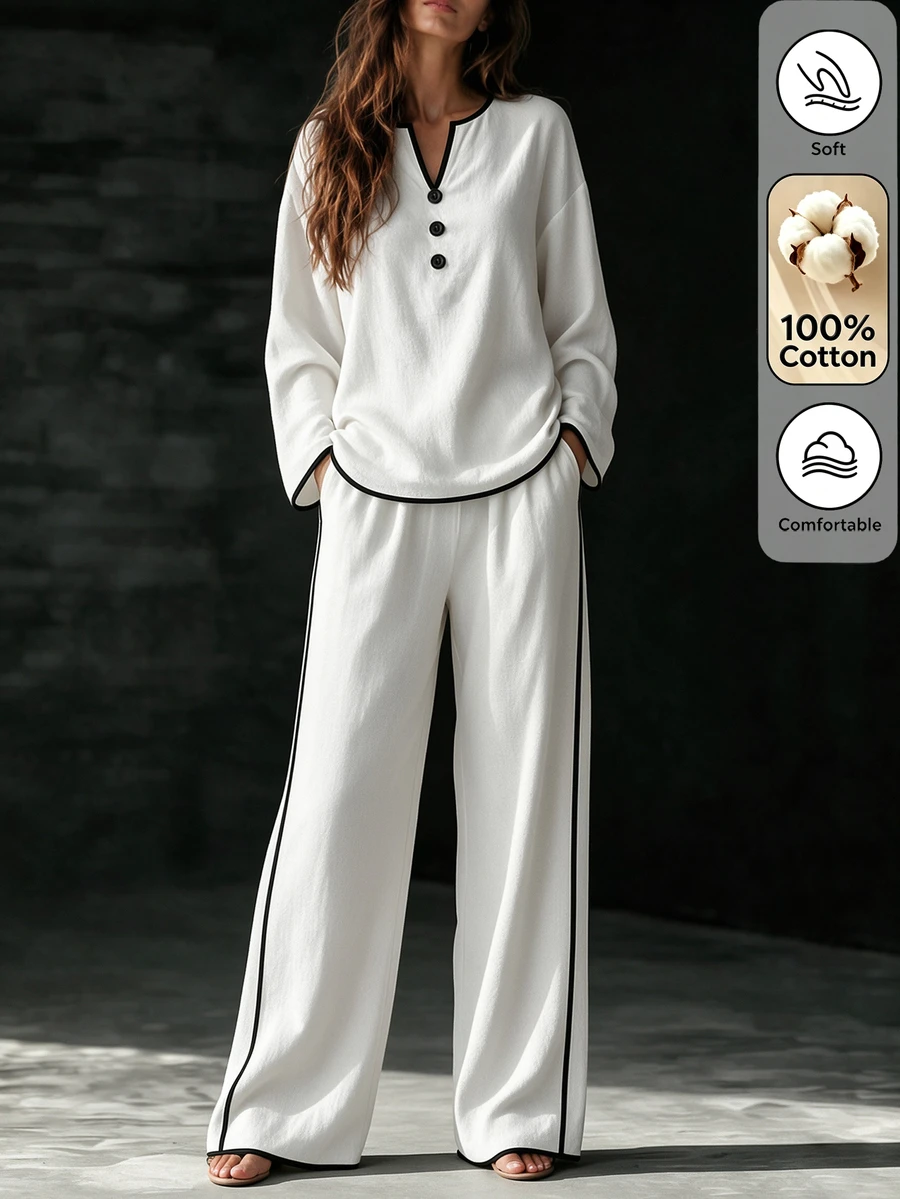 SHEIN Autumn/Winter New White And Black Linen Trim V-Neck Button Decor Loose Top Straight Leg Wide Leg Pants Set, Casual Elegant Minimalist Commuter Style