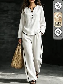 SHEIN Autumn/Winter New White And Black Linen Trim V-Neck Button Decor Loose Top Straight Leg Wide Leg Pants Set, Casual Elegant Minimalist Commuter Style - White - View 4