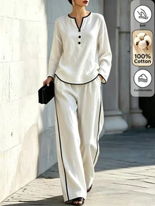 SHEIN Autumn/Winter New White And Black Linen Trim V-Neck Button Decor Loose Top Straight Leg Wide Leg Pants Set, Casual Elegant Minimalist Commuter Style - White - View 6
