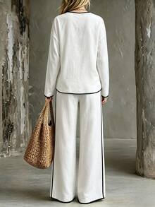 SHEIN Autumn/Winter New White And Black Linen Trim V-Neck Button Decor Loose Top Straight Leg Wide Leg Pants Set, Casual Elegant Minimalist Commuter Style - White - View 3