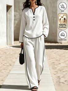 SHEIN Autumn/Winter New White And Black Linen Trim V-Neck Button Decor Loose Top Straight Leg Wide Leg Pants Set, Casual Elegant Minimalist Commuter Style - White - View 5