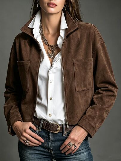 SHEIN Women Vintage Brown Faux Suede Zip Cropped Jacket With Double Pockets