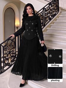 Modelyn Women's Woven Black Long Sleeve Shawl Set With Rhinestone Embellishment Pleated Design Romantic Modest Elegant Dinner Party 2 Pieces WeddingAutumnrave - Black - View 2