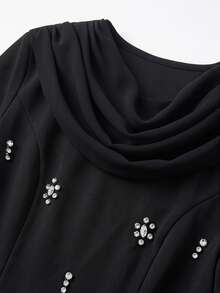 Modelyn Women's Woven Black Long Sleeve Shawl Set With Rhinestone Embellishment Pleated Design Romantic Modest Elegant Dinner Party 2 Pieces WeddingAutumnrave - Black - View 9