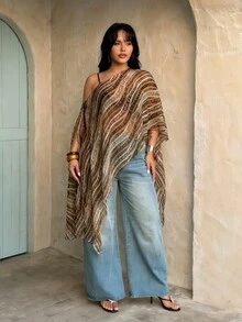 Rustia Plus Size Women's Fashion Elegant Leopard Print Asymmetrical Shoulder Semi-Sheer Chiffon Blouse Shawl - Coffee Brown - View 5
