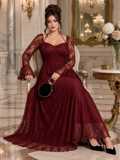 Roveilla Plus Size Lace Square Neck Long Sleeve Bell Sleeve Cinched Waist Flared Hem Dress Wedding Dinner Formal Evening Dark Purple Autumn Elegant Fall