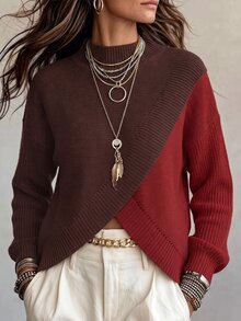 SHEIN Women's Colorblock Stand Collar Long Sleeve Casual Pullover Sweater Everyday Going Out Brown Striped Autumn - Multicolor - View 3
