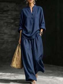 SHEIN Women's Navy Stand Collar Shirt & Pleated Wide Leg Pants Two Pieces Set, Elegant Outfit For Spring Fall Office Daily Wear - Navy Blue - View 6