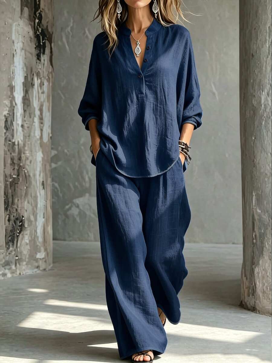 SHEIN Women's Navy Stand Collar Shirt & Pleated Wide Leg Pants Two Pieces Set, Elegant Outfit For Spring Fall Office Daily Wear - Navy Blue - View 1