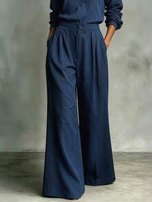 SHEIN Women's Navy Stand Collar Shirt & Pleated Wide Leg Pants Two Pieces Set, Elegant Outfit For Spring Fall Office Daily Wear - Navy Blue - View 4