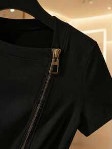 Franclia Women's Black And Gold Double-Ended Zipper T-Shirt,Chic Fitted Knit Textured Drawstring Short-Sleeved Top,Summer Vacation Rave Casual Commuter Wear - Black - View 6