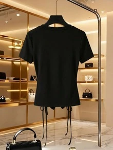 Franclia Women's Black And Gold Double-Ended Zipper T-Shirt,Chic Fitted Knit Textured Drawstring Short-Sleeved Top,Summer Vacation Rave Casual Commuter Wear - Black - View 2