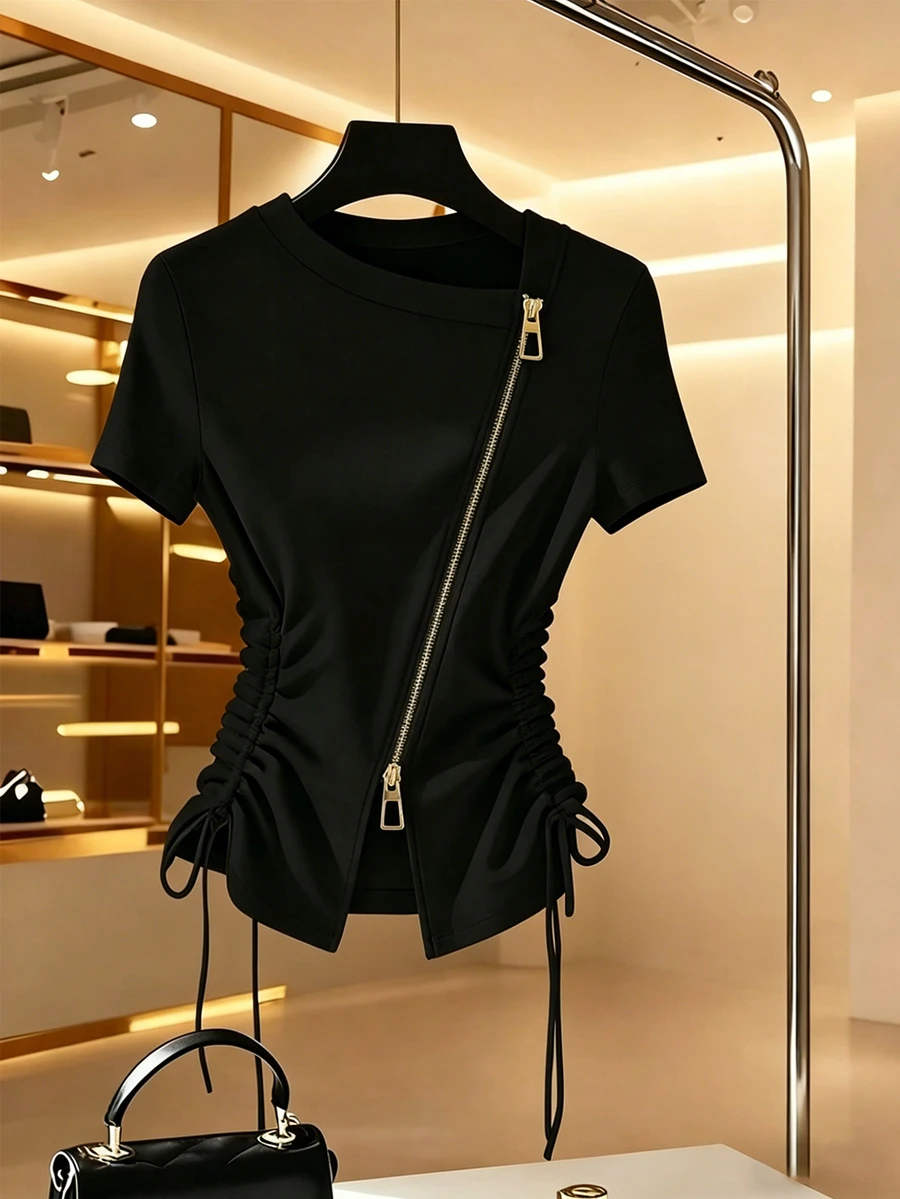 Franclia Women's Black And Gold Double-Ended Zipper T-Shirt,Chic Fitted Knit Textured Drawstring Short-Sleeved Top,Summer Vacation Rave Casual Commuter Wear - Black - View 1