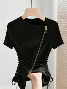 Franclia Women's Black And Gold Double-Ended Zipper T-Shirt,Chic Fitted Knit Textured Drawstring Short-Sleeved Top,Summer Vacation Rave Casual Commuter Wear - Black - View 4