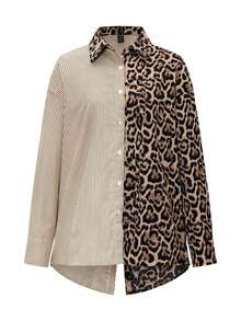 EMERY ROSE Autumn French Elegant Leopard Print Colorblock Striped Loose Casual Long Sleeve Blouse For Women Shirt - Brown - View 7