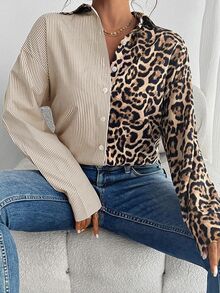 EMERY ROSE Autumn French Elegant Leopard Print Colorblock Striped Loose Casual Long Sleeve Blouse For Women Shirt - Brown - View 6