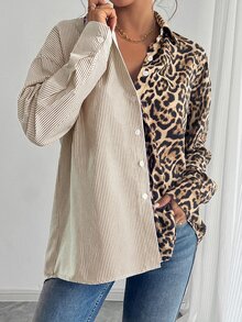 EMERY ROSE Autumn French Elegant Leopard Print Colorblock Striped Loose Casual Long Sleeve Blouse For Women Shirt - Brown - View 5
