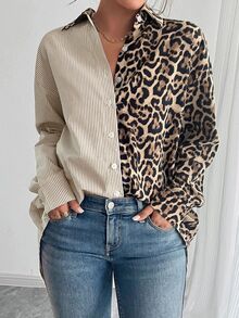 EMERY ROSE Autumn French Elegant Leopard Print Colorblock Striped Loose Casual Long Sleeve Blouse For Women Shirt - Brown - View 1