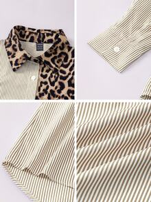 EMERY ROSE Autumn French Elegant Leopard Print Colorblock Striped Loose Casual Long Sleeve Blouse For Women Shirt - Brown - View 9