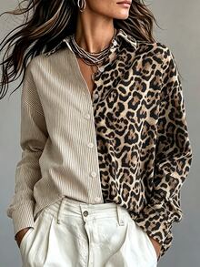 EMERY ROSE Autumn French Elegant Leopard Print Colorblock Striped Loose Casual Long Sleeve Blouse For Women Shirt - Brown - View 3
