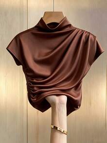 Franclia Casual Versatile Solid Color Pleated Fitted Short Sleeve White T-Shirt For Women - Coffee Brown - View 5