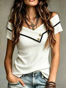 SHEIN Franclia Women's Short Sleeve Fitted T-Shirt, Contrast Color Neckline Button Decoration T-Shirt, Elastic Ribbed Knit Fabric Comfortable And Soft, Summer, Summer, Vacation, Mother's Day - White - View 4