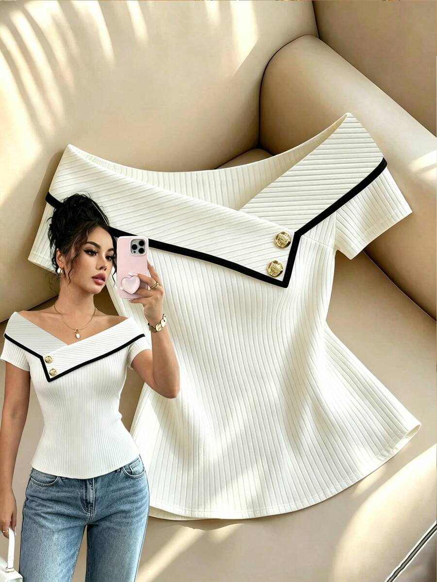 SHEIN Franclia Women's Short Sleeve Fitted T-Shirt, Contrast Color Neckline Button Decoration T-Shirt, Elastic Ribbed Knit Fabric Comfortable And Soft, Summer, Summer, Vacation, Mother's Day