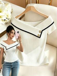 SHEIN Franclia Women's Short Sleeve Fitted T-Shirt, Contrast Color Neckline Button Decoration T-Shirt, Elastic Ribbed Knit Fabric Comfortable And Soft, Summer, Summer, Vacation, Mother's Day - White - View 6