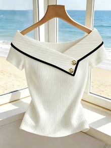 SHEIN Franclia Women's Short Sleeve Fitted T-Shirt, Contrast Color Neckline Button Decoration T-Shirt, Elastic Ribbed Knit Fabric Comfortable And Soft, Summer, Summer, Vacation, Mother's Day - White - View 5