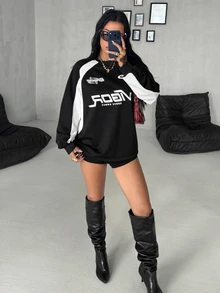 Coolane Women's Fall/Winter Streetwear Casual Sport Going Out Ricing Graphics Color-Blocked Black Round Neck Loose Long Sleeve Pullover Sweatshirt - Black - View 4