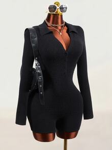 Mistrie Black Polo Collar Half-Button Ribbed Knit Romper, Long Sleeve Slim Fit Bodycon Jumpsuit, Elastic Bodycon Sexy Style - Black - View 6