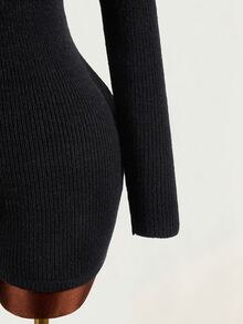Mistrie Black Polo Collar Half-Button Ribbed Knit Romper, Long Sleeve Slim Fit Bodycon Jumpsuit, Elastic Bodycon Sexy Style - Black - View 5
