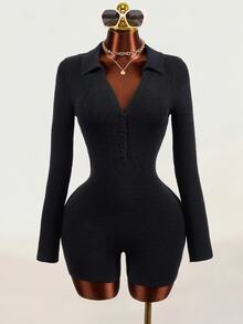 Mistrie Black Polo Collar Half-Button Ribbed Knit Romper, Long Sleeve Slim Fit Bodycon Jumpsuit, Elastic Bodycon Sexy Style - Black - View 2