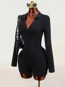 Mistrie Black Polo Collar Half-Button Ribbed Knit Romper, Long Sleeve Slim Fit Bodycon Jumpsuit, Elastic Bodycon Sexy Style - Black - View 4