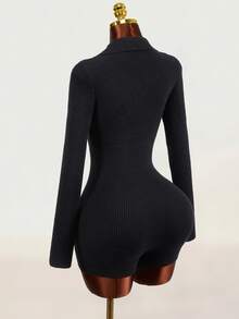 Mistrie Black Polo Collar Half-Button Ribbed Knit Romper, Long Sleeve Slim Fit Bodycon Jumpsuit, Elastic Bodycon Sexy Style - Black - View 3