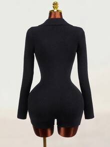 Mistrie Black Polo Collar Half-Button Ribbed Knit Romper, Long Sleeve Slim Fit Bodycon Jumpsuit, Elastic Bodycon Sexy Style - Black - View 9