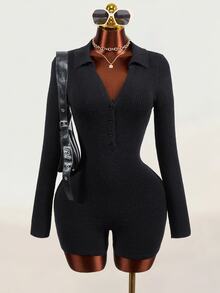 Mistrie Black Polo Collar Half-Button Ribbed Knit Romper, Long Sleeve Slim Fit Bodycon Jumpsuit, Elastic Bodycon Sexy Style - Black - View 8