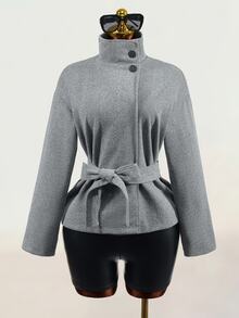 Mistrie Women's Solid Color Stand Collar Long Sleeve Fall Minimalist Elegant Versatile Jacket Office Grey - Grey - View 9